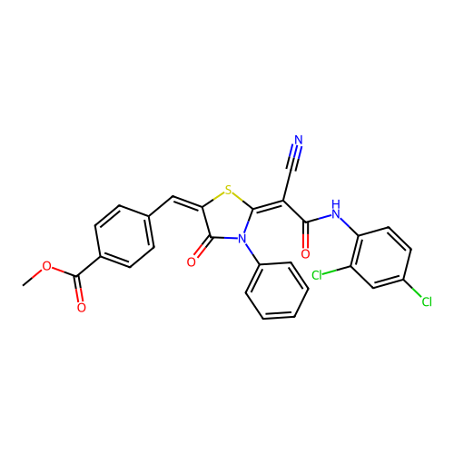 methyl 4-((E)-((E)-2-(1-cyano-2-((2,4-dichlorophenyl)amino)-2-oxoethylidene)-4-oxo-3-phenylthiazolidin-5-ylidene)methyl)benzoate structure
