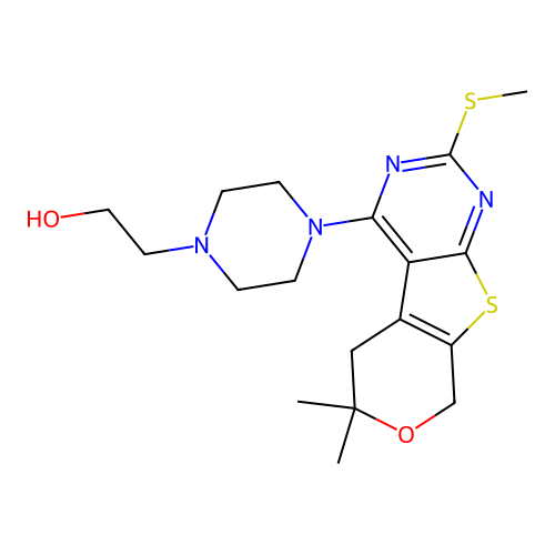 2-(4-(6,6-dimethyl-2-(methylthio)-6,8-dihydro-5H-pyrano[4',3':4,5]thieno[2,3-d]pyrimidin-4-yl)piperazin-1-yl)ethanol structure
