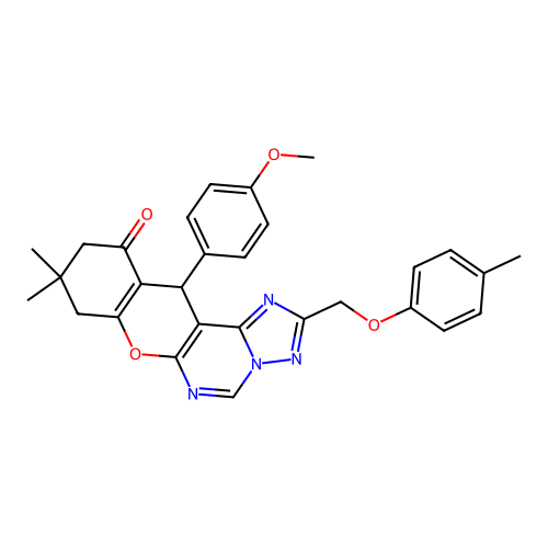 12-(4-methoxyphenyl)-9,9-dimethyl-2-[(4-methylphenoxy)methyl]-8,9,10,12-tetrahydro-11H-chromeno[3,2-e][1,2,4]triazolo[1,5-c]pyrimidin-11-one structure