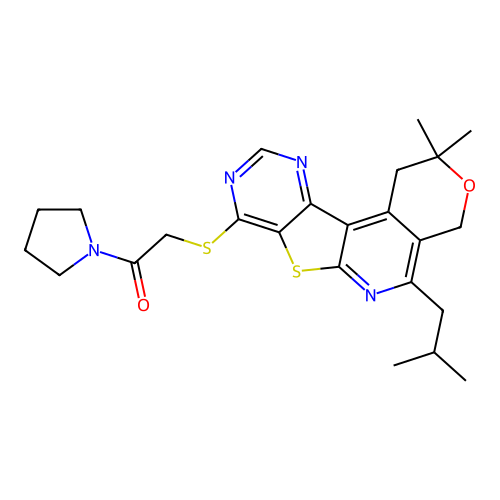 2-((5-isobutyl-2,2-dimethyl-2,4-dihydro-1H-pyrano[4'',3'':4',5']pyrido[3',2':4,5]thieno[3,2-d]pyrimidin-8-yl)thio)-1-(pyrrolidin-1-yl)ethanone structure