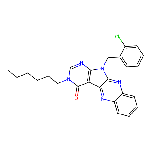11-(2-chlorobenzyl)-3-hexyl-3H-pyrimido[5',4':4,5]pyrrolo[2,3-b]quinoxalin-4(11H)-one structure