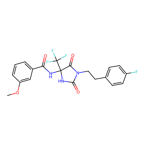 N-(1-(4-fluorophenethyl)-2,5-dioxo-4-(trifluoromethyl)imidazolidin-4-yl)-3-methoxybenzamide structure