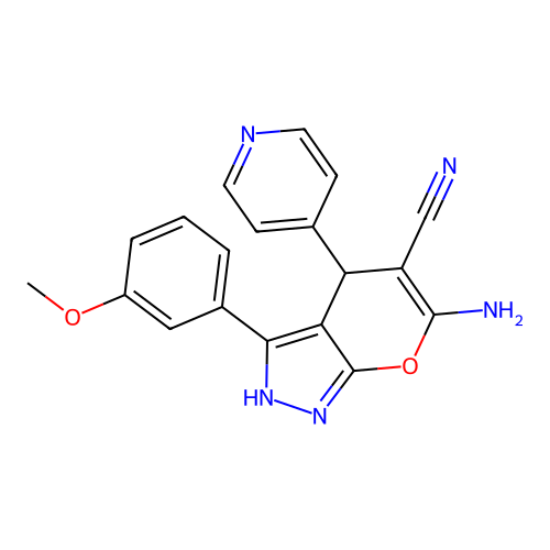 6-amino-3-(3-methoxyphenyl)-4-(pyridin-4-yl)-1,4-dihydropyrano[2,3-c]pyrazole-5-carbonitrile structure