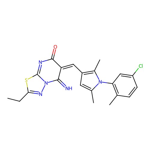 (6E)-6-[[1-(5-chloro-2-methylphenyl)-2,5-dimethylpyrrol-3-yl]methylidene]-2-ethyl-5-imino-[1,3,4]thiadiazolo[3,2-a]pyrimidin-7-one structure