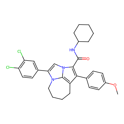N-cyclohexyl-4-(3,4-dichlorophenyl)-1-(4-methoxyphenyl)-5,6,7,8-tetrahydro-2a,4a-diazacyclopenta[cd]azulene-2-carboxamide structure