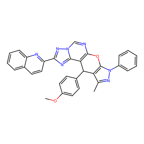 11-(4-methoxyphenyl)-10-methyl-8-phenyl-2-(quinolin-2-yl)-8,11-dihydropyrazolo[4',3':5,6]pyrano[3,2-e][1,2,4]triazolo[1,5-c]pyrimidine structure