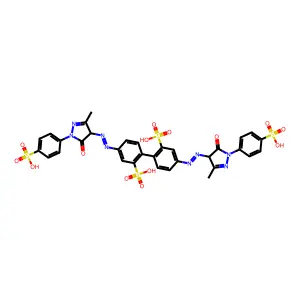 4,4'-Bis((4,5-dihydro-3-methyl-5-oxo-1-(4-sulphophenyl)-1H-pyrazol-4-yl)azo)(1,1'-biphenyl)-2,2'-disulphonic acid structure