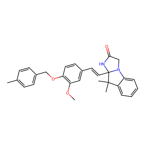 (E)-9a-(3-methoxy-4-((4-methylbenzyl)oxy)styryl)-9,9-dimethyl-9,9a-dihydro-1H-imidazo[1,2-a]indol-2(3H)-one structure