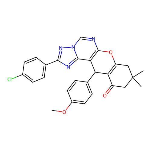 2-(4-chlorophenyl)-12-(4-methoxyphenyl)-9,9-dimethyl-8,9,10,12-tetrahydro-11H-chromeno[3,2-e][1,2,4]triazolo[1,5-c]pyrimidin-11-one structure