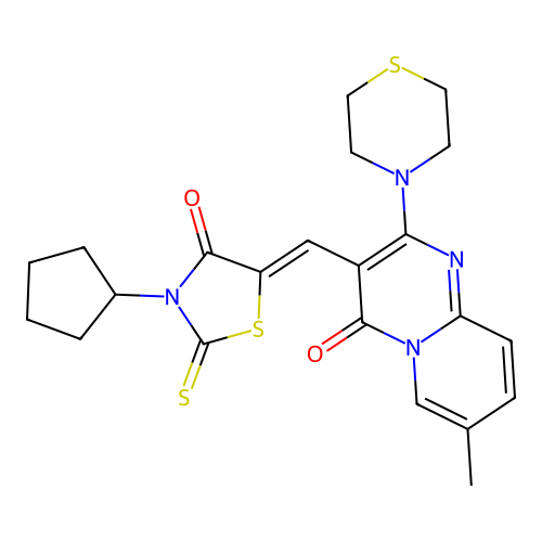 3-[(Z)-(3-cyclopentyl-4-oxo-2-thioxo-1,3-thiazolidin-5-ylidene)methyl]-7-methyl-2-(thiomorpholin-4-yl)-4H-pyrido[1,2-a]pyrimidin-4-one structure