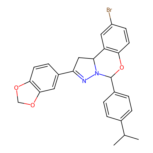 2-(1,3-benzodioxol-5-yl)-9-bromo-5-(4-propan-2-ylphenyl)-5,10b-dihydro-1H-pyrazolo[1,5-c][1,3]benzoxazine structure