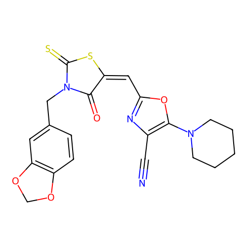 (E)-2-((3-(benzo[d][1,3]dioxol-5-ylmethyl)-4-oxo-2-thioxothiazolidin-5-ylidene)methyl)-5-(piperidin-1-yl)oxazole-4-carbonitrile structure