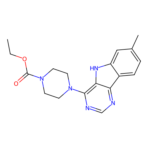 ethyl 4-(7-methyl-5H-pyrimido[5,4-b]indol-4-yl)piperazine-1-carboxylate structure