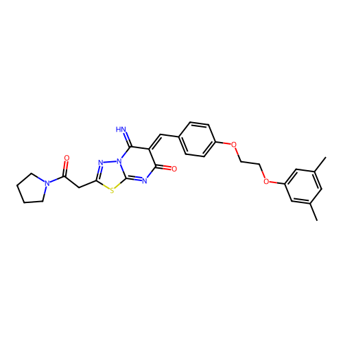 (6Z)-6-[[4-[2-(3,5-dimethylphenoxy)ethoxy]phenyl]methylidene]-5-imino-2-(2-oxo-2-pyrrolidin-1-ylethyl)-[1,3,4]thiadiazolo[3,2-a]pyrimidin-7-one structure
