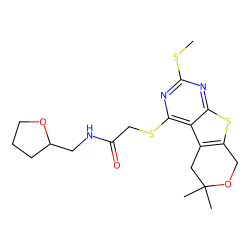 2-((6,6-dimethyl-2-(methylthio)-6,8-dihydro-5H-pyrano[4',3':4,5]thieno[2,3-d]pyrimidin-4-yl)thio)-N-((tetrahydrofuran-2-yl)methyl)acetamide structure
