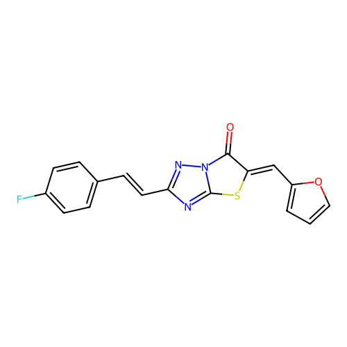 (5Z)-2-[(E)-2-(4-fluorophenyl)ethenyl]-5-(furan-2-ylmethylidene)[1,3]thiazolo[3,2-b][1,2,4]triazol-6(5H)-one structure