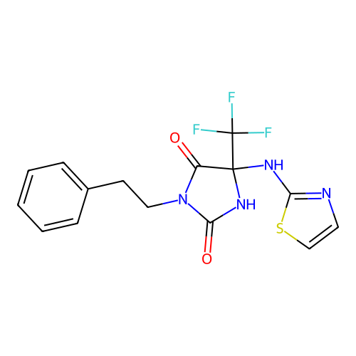 3-phenethyl-5-(1,3-thiazol-2-ylamino)-5-(trifluoromethyl)imidazolidine-2,4-dione structure