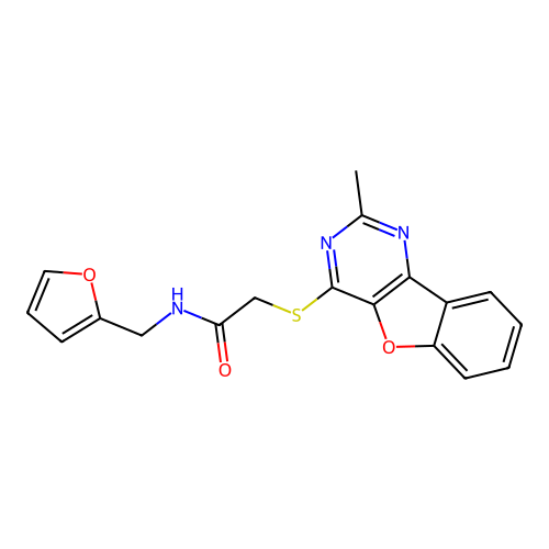 N-(furan-2-ylmethyl)-2-[(2-methyl-[1]benzofuro[3,2-d]pyrimidin-4-yl)sulfanyl]acetamide structure