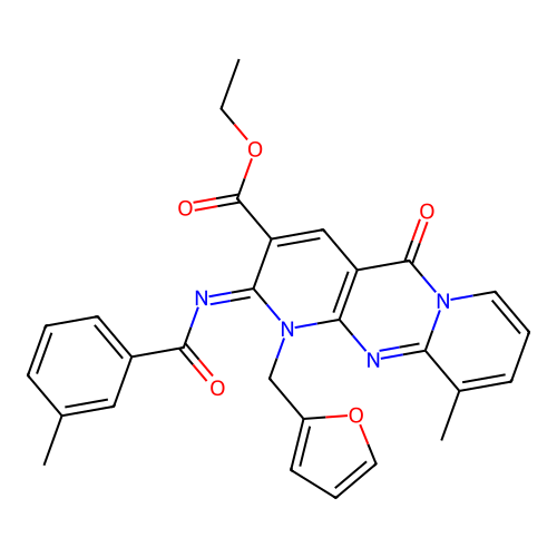 (Z)-ethyl 1-(furan-2-ylmethyl)-10-methyl-2-((3-methylbenzoyl)imino)-5-oxo-2,5-dihydro-1H-dipyrido[1,2-a:2',3'-d]pyrimidine-3-carboxylate structure
