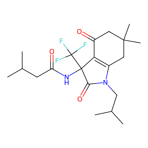 N-[6,6-dimethyl-1-(2-methylpropyl)-2,4-dioxo-3-(trifluoromethyl)-2,3,4,5,6,7-hexahydro-1H-indol-3-yl]-3-methylbutanamide structure