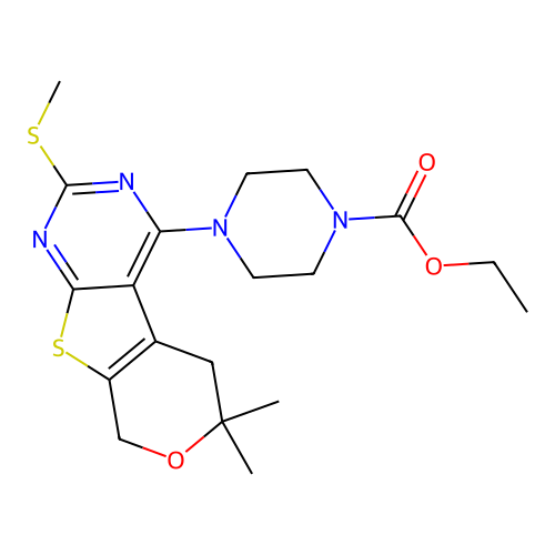 ethyl 4-(6,6-dimethyl-2-(methylthio)-6,8-dihydro-5H-pyrano[4',3':4,5]thieno[2,3-d]pyrimidin-4-yl)piperazine-1-carboxylate structure