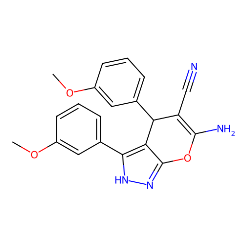 6-Amino-3,4-bis(3-methoxyphenyl)-2,4-dihydropyrano[2,3-c]pyrazole-5-carbonitrile structure