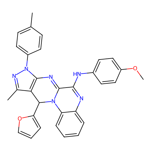 11-(furan-2-yl)-N-(4-methoxyphenyl)-10-methyl-8-(4-methylphenyl)-8,11-dihydropyrazolo[3',4':4,5]pyrimido[1,2-a]quinoxalin-6-amine structure