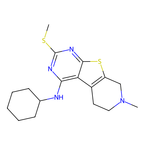 N-cyclohexyl-7-methyl-2-(methylsulfanyl)-5,6,7,8-tetrahydropyrido[4',3':4,5]thieno[2,3-d]pyrimidin-4-amine structure