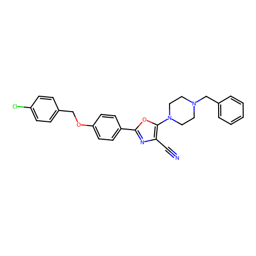 5-(4-benzylpiperazin-1-yl)-2-[4-[(4-chlorophenyl)methoxy]phenyl]-1,3-oxazole-4-carbonitrile structure
