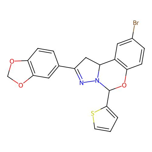 2-(1,3-benzodioxol-5-yl)-9-bromo-5-(thiophen-2-yl)-1,10b-dihydropyrazolo[1,5-c][1,3]benzoxazine structure