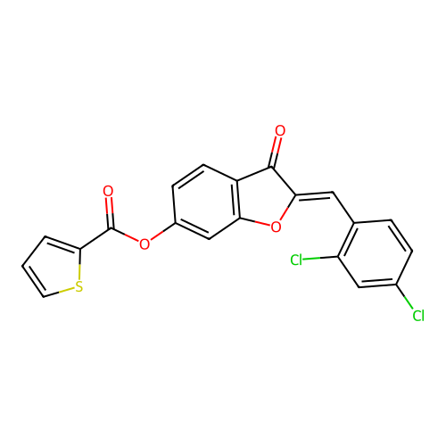 (Z)-2-(2,4-dichlorobenzylidene)-3-oxo-2,3-dihydrobenzofuran-6-yl thiophene-2-carboxylate structure
