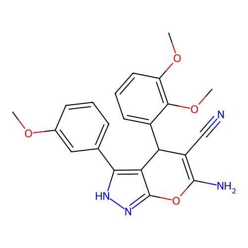 6-amino-4-(2,3-dimethoxyphenyl)-3-(3-methoxyphenyl)-2,4-dihydropyrano[2,3-c]pyrazole-5-carbonitrile structure