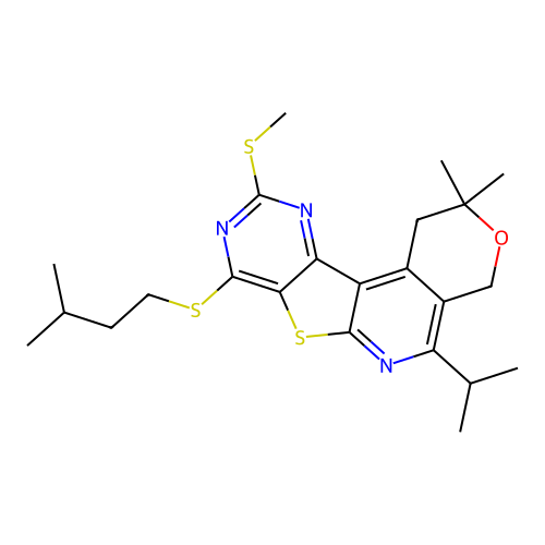 2,2-dimethyl-8-[(3-methylbutyl)sulfanyl]-10-(methylsulfanyl)-5-(propan-2-yl)-1,4-dihydro-2H-pyrano[4'',3'':4',5']pyrido[3',2':4,5]thieno[3,2-d]pyrimidine structure