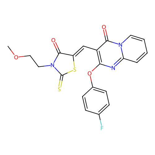 2-(4-fluorophenoxy)-3-{(Z)-[3-(2-methoxyethyl)-4-oxo-2-thioxo-1,3-thiazolidin-5-ylidene]methyl}-4H-pyrido[1,2-a]pyrimidin-4-one structure