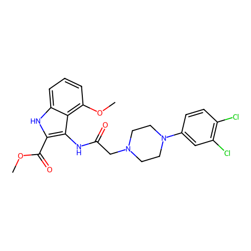 Methyl 3-[[2-[4-(3,4-dichlorophenyl)piperazin-1-yl]acetyl]amino]-4-methoxy-1H-indole-2-carboxylate structure