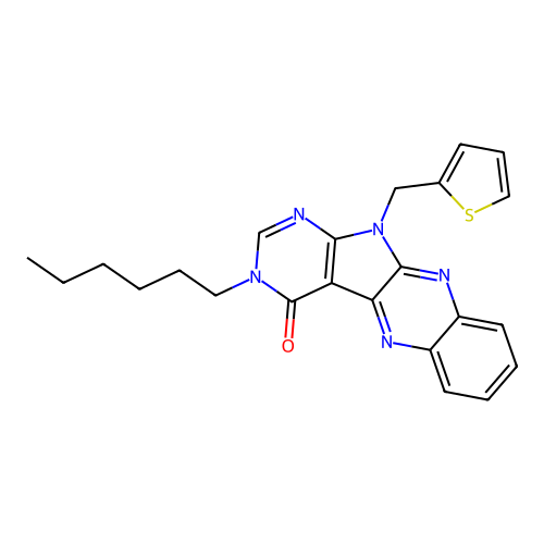 3-hexyl-11-(thiophen-2-ylmethyl)-3,11-dihydro-4H-pyrimido[5',4':4,5]pyrrolo[2,3-b]quinoxalin-4-one structure