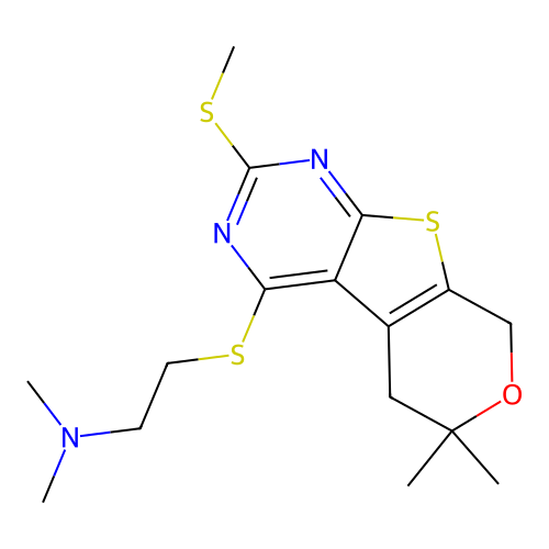 2-{[6,6-dimethyl-2-(methylsulfanyl)-5,8-dihydro-6H-pyrano[4',3':4,5]thieno[2,3-d]pyrimidin-4-yl]sulfanyl}-N,N-dimethylethanamine structure