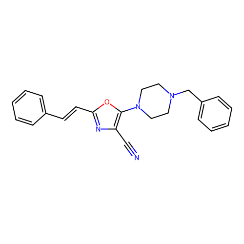 5-(4-benzylpiperazin-1-yl)-2-[(E)-2-phenylethenyl]-1,3-oxazole-4-carbonitrile structure
