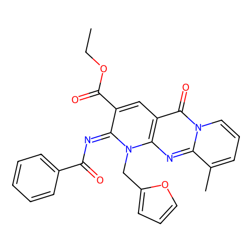2-benzoylimino-1-(2-furanylmethyl)-10-methyl-5-oxo-3-dipyrido[3,4-c:1',2'-f]pyrimidinecarboxylic acid ethyl ester structure