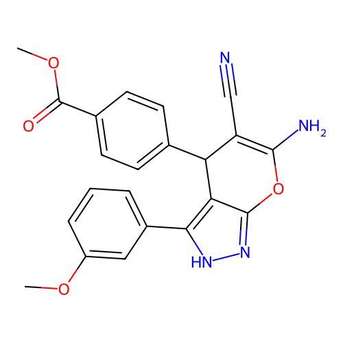 methyl 4-[6-amino-5-cyano-3-(3-methoxyphenyl)-2,4-dihydropyrano[2,3-c]pyrazol-4-yl]benzoate structure