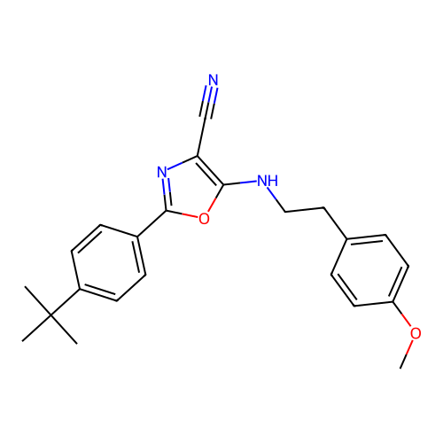 2-(4-(tert-butyl)phenyl)-5-((4-methoxyphenethyl)amino)oxazole-4-carbonitrile structure