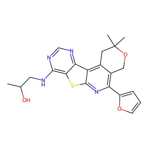 1-((5-(furan-2-yl)-2,2-dimethyl-2,4-dihydro-1H-pyrano[4'',3'':4',5']pyrido[3',2':4,5]thieno[3,2-d]pyrimidin-8-yl)amino)propan-2-ol structure