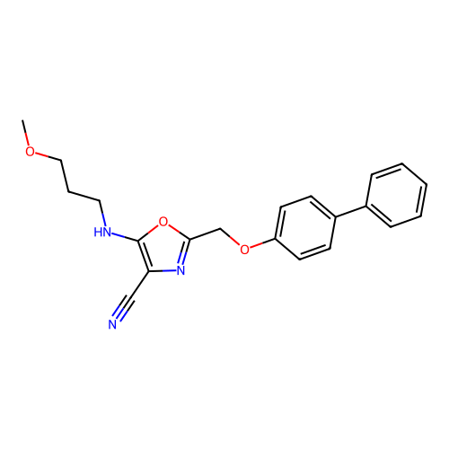 2-[(biphenyl-4-yloxy)methyl]-5-[(3-methoxypropyl)amino]-1,3-oxazole-4-carbonitrile structure