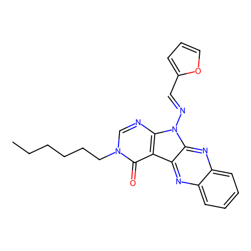 (E)-11-((furan-2-ylmethylene)amino)-3-hexyl-3H-pyrimido[5',4':4,5]pyrrolo[2,3-b]quinoxalin-4(11H)-one structure