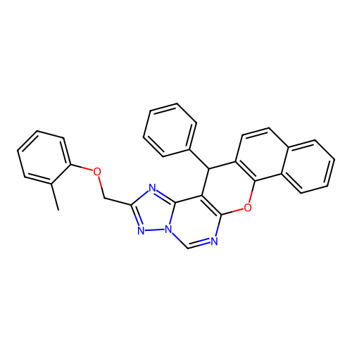 2-[(2-methylphenoxy)methyl]-14-phenyl-14H-benzo[7,8]chromeno[3,2-e][1,2,4]triazolo[1,5-c]pyrimidine structure