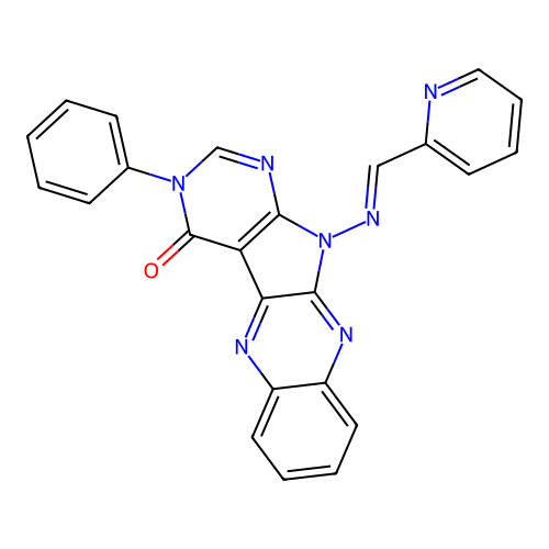 (E)-3-phenyl-11-((pyridin-2-ylmethylene)amino)-3H-pyrimido[5',4':4,5]pyrrolo[2,3-b]quinoxalin-4(11H)-one structure