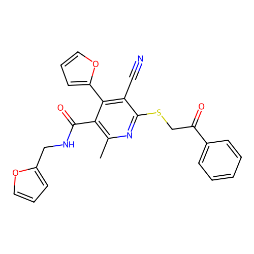 5-cyano-4-(furan-2-yl)-N-(furan-2-ylmethyl)-2-methyl-6-((2-oxo-2-phenylethyl)thio)nicotinamide structure