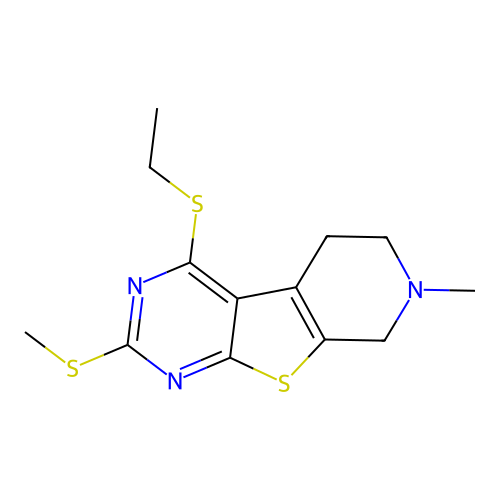 4-(ethylsulfanyl)-7-methyl-2-(methylsulfanyl)-5,6,7,8-tetrahydropyrido[4',3':4,5]thieno[2,3-d]pyrimidine structure