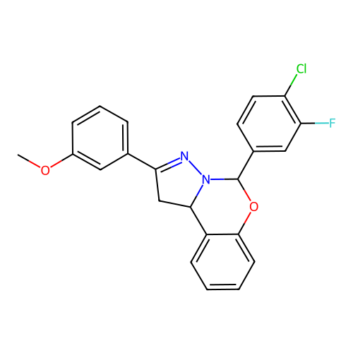 5-(4-chloro-3-fluorophenyl)-2-(3-methoxyphenyl)-1,10b-dihydropyrazolo[1,5-c][1,3]benzoxazine structure