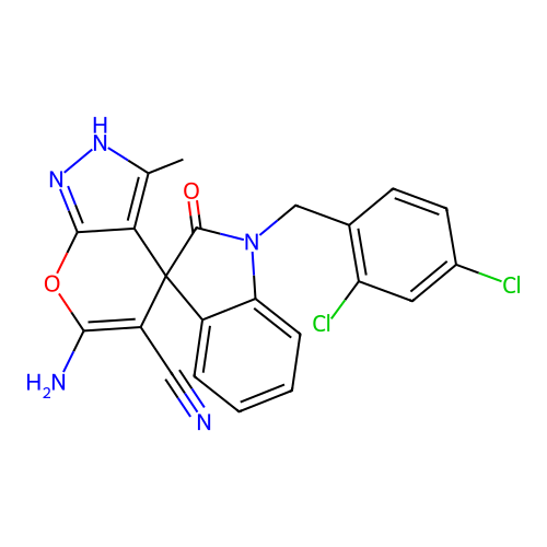 6'-amino-1-(2,4-dichlorobenzyl)-3'-methyl-2-oxo-1,2-dihydro-1'H-spiro[indole-3,4'-pyrano[2,3-c]pyrazole]-5'-carbonitrile structure